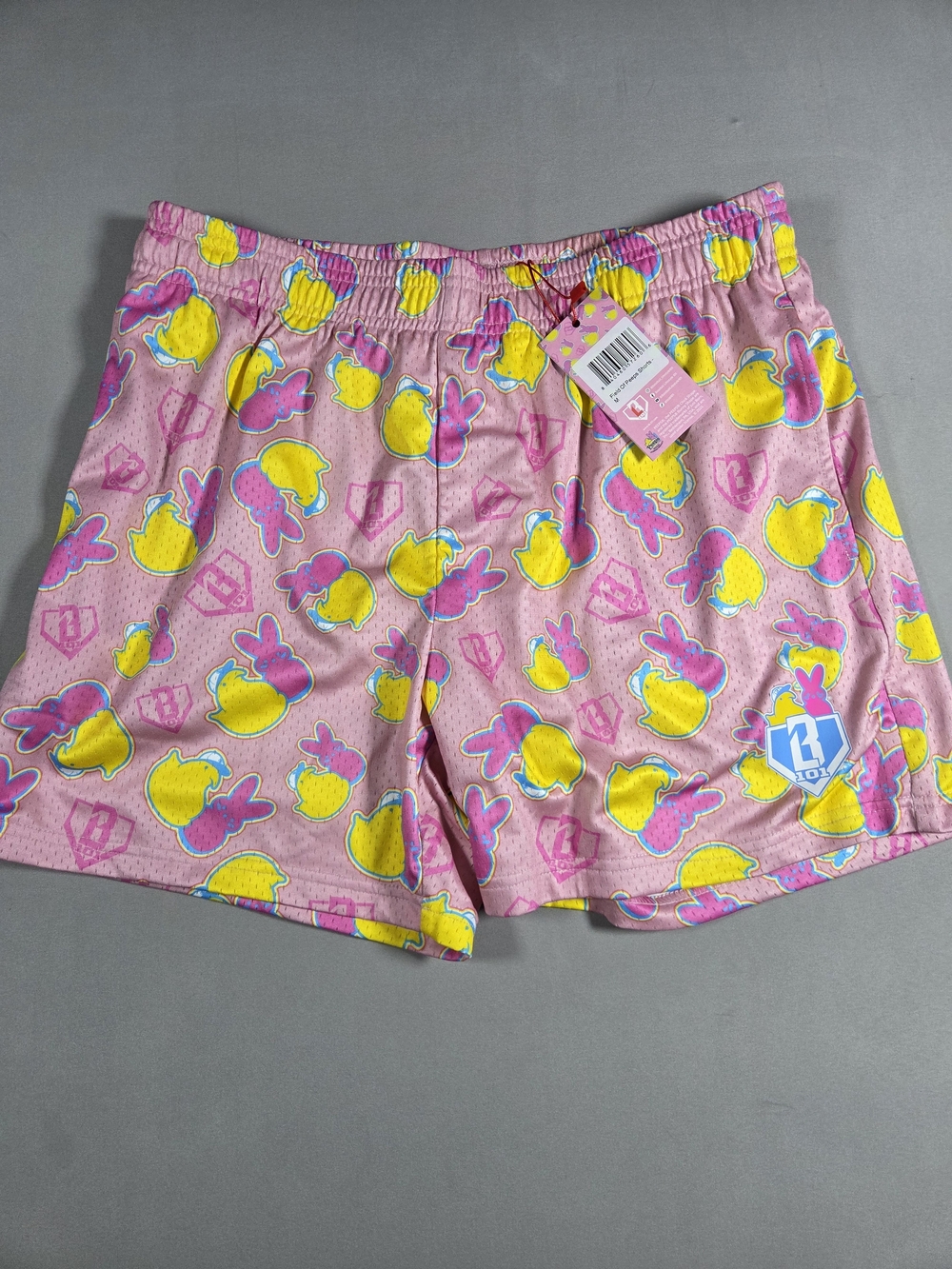 men’s Pink Athletic Shorts with Yellow & Pink Peeps Print Medium